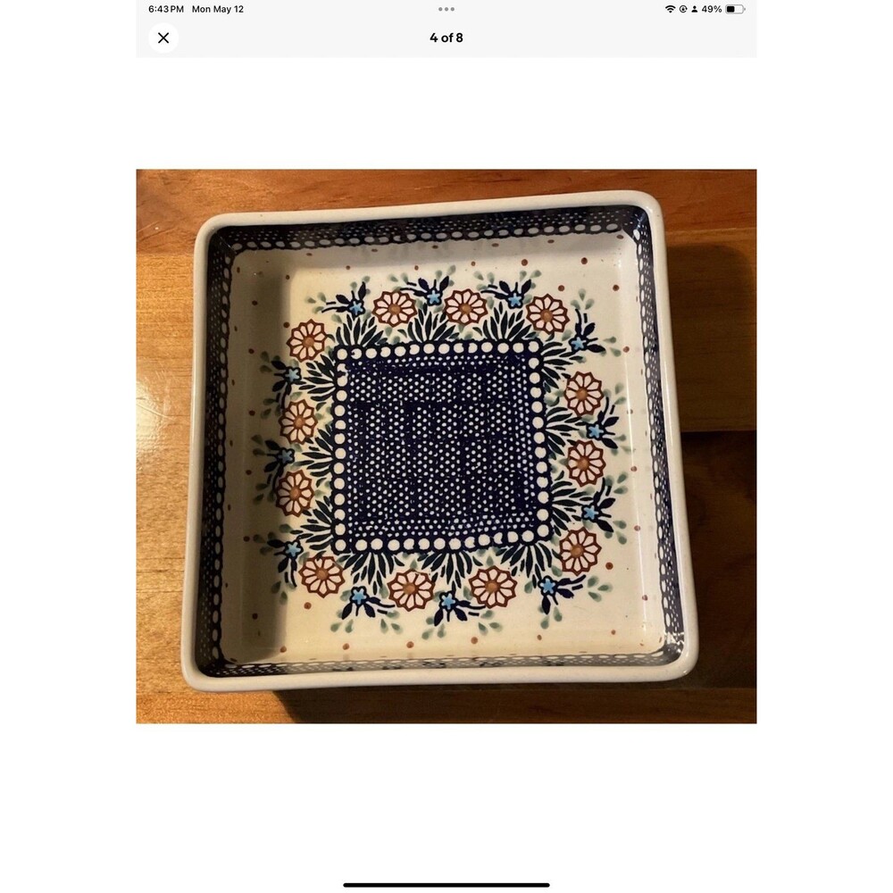 Polish Pottery Manufaktura #102-  8 3/8" Square Baker Baking Dish Blue Floral - Picture 4 of 8